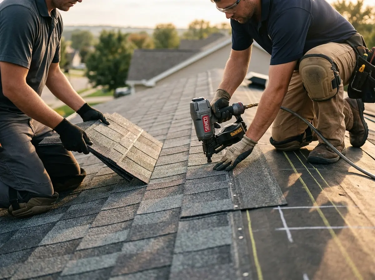 Professional roofer working on a residential roof in Anderson Creek
